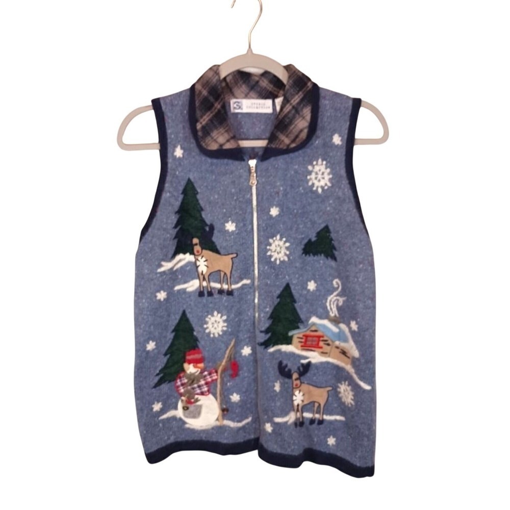 Vintage Studio Collection Christmas Ramie Angora Zip Sweater Vest Reindeer M